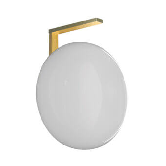 Wall-mounted light, polished opaline glass, satin brass arm, circular shade, minimalist design, studio product shot, white background.