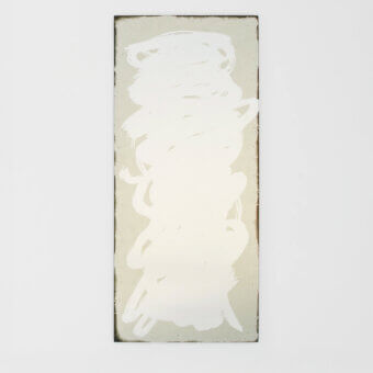 Abstract artwork, pale green silver leaf, vertical white brushstrokes with layered texture and cloud-like form within a recessed rectangle.