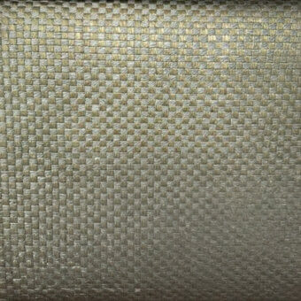Woven textile sample, gray and gold tones, regular grid pattern with gradient effect and smooth sheen.