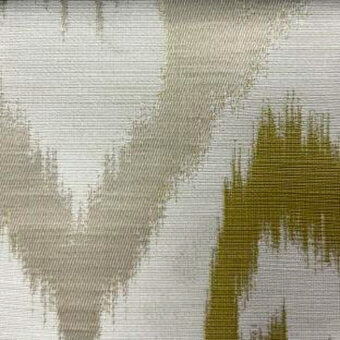 Abstract brushstroke fabric sample, light beige and gray with olive green streaks, woven linen texture, asymmetrical pattern, vertical ribbing.