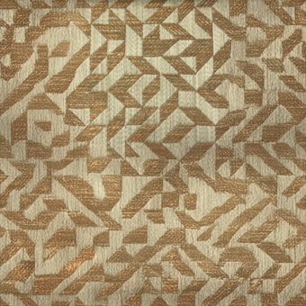 Geometric fabric sample with bronze and cream tones, woven texture, repeating trapezoid and parallelogram pattern, Art Deco inspired design.