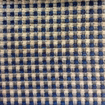 Navy and beige checkerboard textile with a dense weave, featuring a geometric pattern and subtle tonal variations in natural fiber threads.