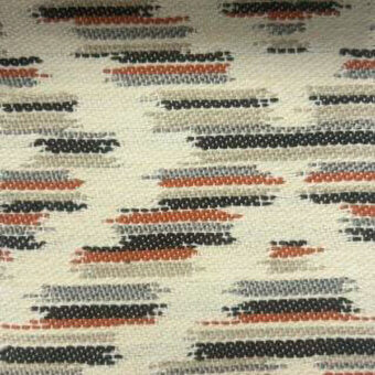 Geometric textile sample with horizontal rectangles in black, orange, and gray on a cream background, labeled “co1021 col.”