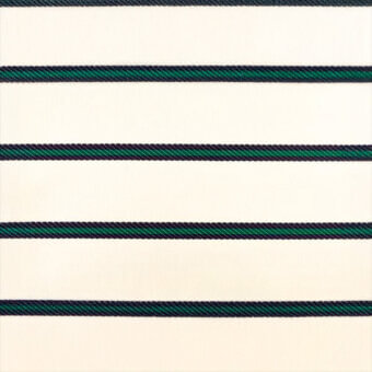 Woven textile sample with horizontal stripes of navy blue and emerald green against a cream background, displaying a linear pattern.