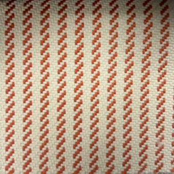 Woven textile sample, off-white and terracotta, features repeating vertical stripes with angled chevron shapes and a visible grid texture.