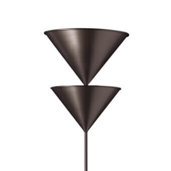 Bronze conical sculpture, two-tiered design, brushed metallic finish, cylindrical stem, minimalist form, symmetrical composition, white background.