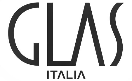 Glas Italia logo, dark gray lettering, modern sans-serif typeface, minimalist design, geometric shapes, white background.