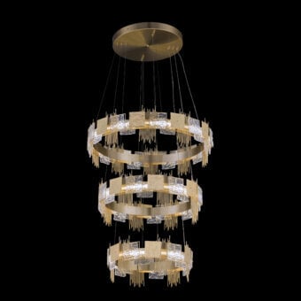 Captivating Euroluce Character suspension lamp crafted in refined metal with cascading gold-toned rings and satin finish