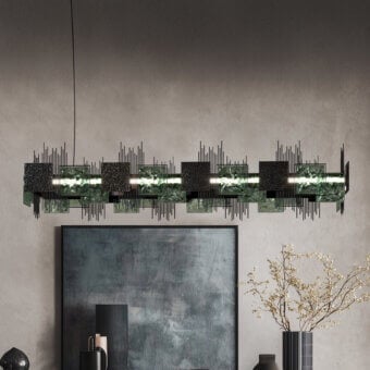 Exceptional Euroluce Character suspension lamp with translucent green panels and dark charcoal finish crafted in refined metal