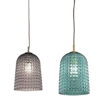 Refined Euroluce Cloche suspension lamp with handcrafted faceted glass in teal and dark metallic twisted cord with brushed satin finish
