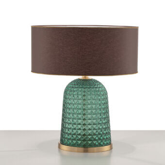 Superior Euroluce Cloche table lamp with textured green glass and dark brownish-grey matte textile lampshade crafted in gold-toned metal