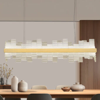Distinguished Euroluce Focus suspension lamp with textured glass blocks within a sleek golden metal band crafted in Italy