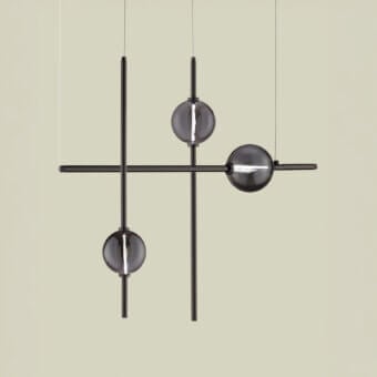 Mikado suspension lamp, dark gray metal, geometric cross frame with three spherical glass globes and integrated linear light sources.