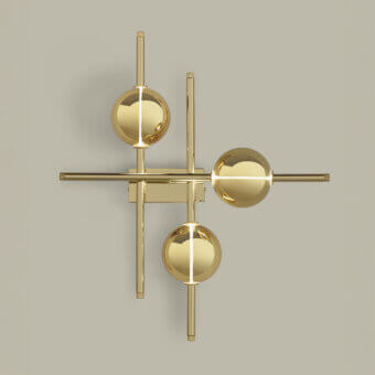 Mikado wall lamp, polished brass, asymmetrical geometric design with three spherical globes connected by slender rods and a rectangular backplate.