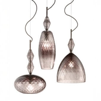 Superior Euroluce Mood suspension lamp crafted in smoky grey-purple hand-blown glass with a diamond texture and polished silver-toned metal accents