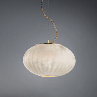 Distinguished Euroluce Moonlight suspension lamp crafted in textured creamy white glass with polished golden metal rims and a unique vintage finish