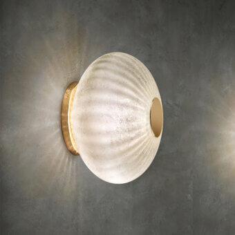 Superior Euroluce Moonlight wall lamp crafted in cream ribbed glass with satin golden metallic base and vintage finish