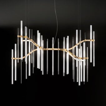 Superior Euroluce Neva suspension lamp crafted in polished silver metal with borosilicate and full Murano glass tubes