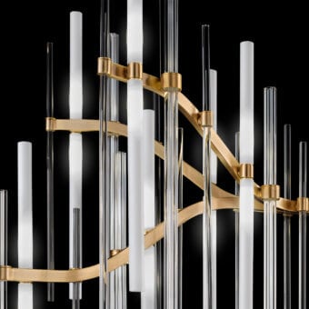 Elegant Euroluce Neva suspension lamp crafted in brushed gold metal with illuminated Murano glass and borosilicate tubes