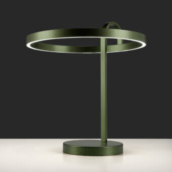Exceptional Euroluce Nido table lamp crafted in dark olive green metal with a smooth matte finish and integrated repositioning loop