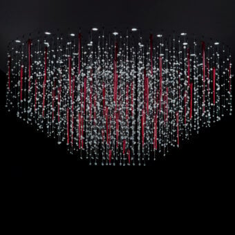 Exceptional Euroluce Reflessi suspension lamp crafted in clear glass with vibrant red cords and a dark-toned metal frame