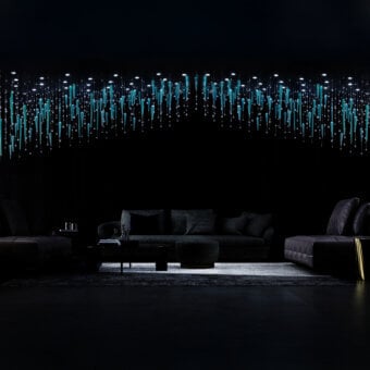 Distinguished Euroluce Reflessi Linear Suspension Lamp with a dark gray metal structure and cascade of vibrant teal blue glass pendants