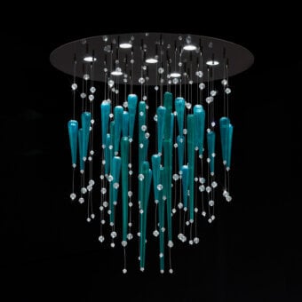 Exclusive Euroluce Reflessi suspension lamp with elongated glass elements and clear crystal beads in turquoise with a glossy finish