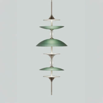 Distinguished Euroluce Sama suspension lamp with cascading muted green disc shades and silver-toned metal elements crafted with a satin finish