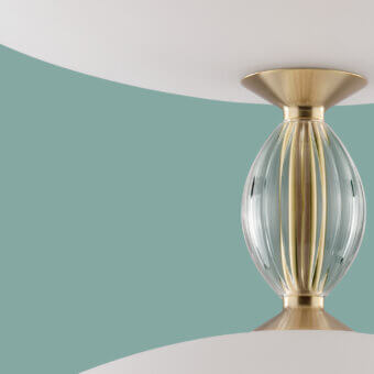 Exceptional Euroluce Sama suspension lamp crafted in metal and glass with a lustrous gold finish and subtle ribbed detailing