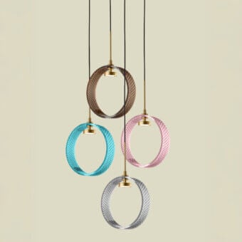 Superior Euroluce Sospeso suspension lamp with a teal blue metal ring and polished gold-toned light housing