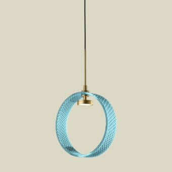 Distinguished Euroluce Sospeso suspension lamp with a pale blue translucent ring and satin brass central cylinder crafted for harmonious light