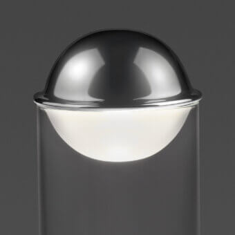 Distinguished Euroluce Theorem table lamp crafted in borosilicate glass with a polished chrome reflector