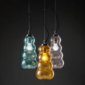 Luxury Euroluce Vogue suspension lamp crafted in teal blue blown glass with a cracklè finish and sleek metal supports