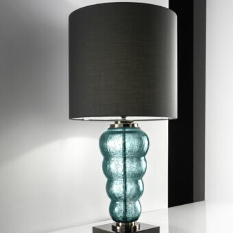 Superior Euroluce Vogue table lamp in muted teal blown glass with dark gray cylindrical lampshade and cracklè finish