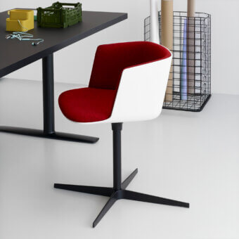 Exceptional Lapalma Cut armchair with vibrant red textile upholstery and smooth white molded shell built with a matte black metal base