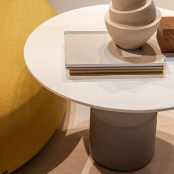 Distinguished Lapalma Jey coffee table with a sleek circular white tabletop and greige cylindrical base crafted in smooth matte synthetic material