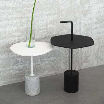 Distinguished Lapalma Jey side table with crisp white tabletop and striking marble base crafted in Italy