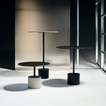 Superior Lapalma Jey table with dark tabletop and textured light grey cylindrical base in matte finish
