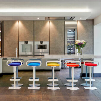 Exceptional Lapalma Mak stool with vibrant orange textile and sleek white satin finish frame and base