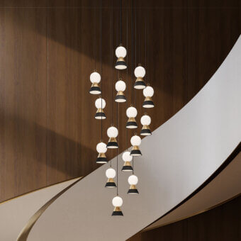Masiero Bozu suspension lamp, brass and black conical shades with white glass globes, layered cascading design.