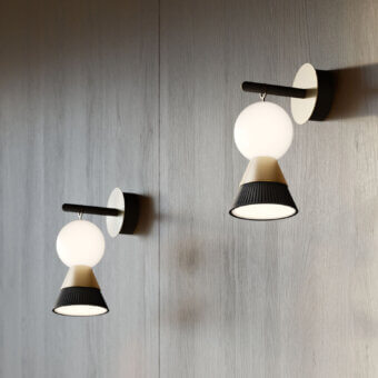Exclusive Masiero Bozu wall lamp with galvanized metal and opaline Murano triplex glass diffuser in a gold-toned finish