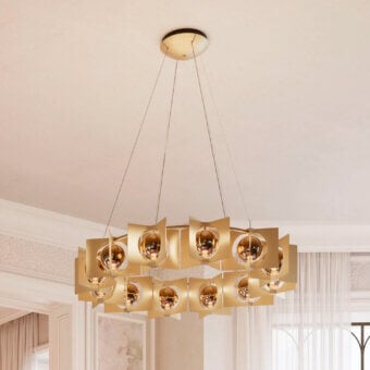 Distinguished Masiero Girouette suspension lamp crafted in metal with cross-satin finish, nickel-plated gold and dichroic gold glass sphere