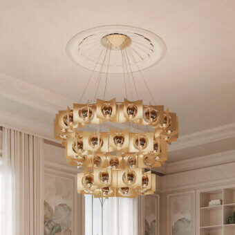Masiero Girouette suspension lamp, brushed gold finish, three-tiered geometric design with amber glass globes and ornate ceiling mount.