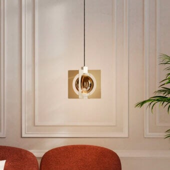 Exquisite Masiero Girouette suspension lamp crafted in metal with cross-satin gold finish and faded dichroic gold borosilicate glass