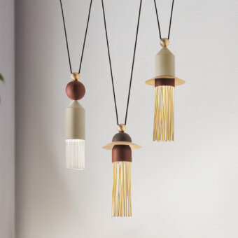 Exceptional Masiero Nappe suspension lamp with reddish-brown painted metal and vertical brass-finished rods crafted with integrated LED lighting