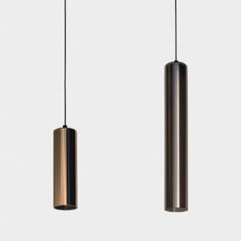 Exclusive Penta Iconica suspension lamp crafted in bronze-toned metal and borosilicate glass with a sculptural conical form