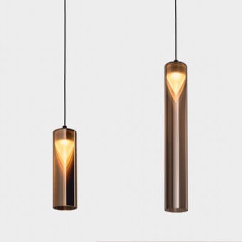 Remarkable Penta Iconica suspension lamp crafted in borosilicate glass with a warm coppery metallic finish