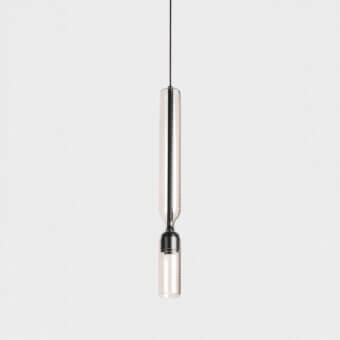 Elegant Penta Misty Texture suspension lamp in clear borosilicate glass and dark matte engineered aluminum with engraved lines
