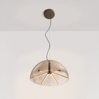 Exceptional Penta Runa suspension lamp crafted in translucent borosilicate glass with a golden-toned metal framework
