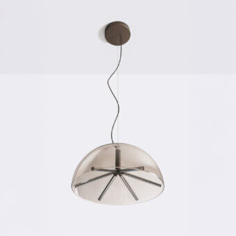 Luxury Penta Runa suspension lamp crafted in transparent borosilicate glass with polished metal and radiant rods within